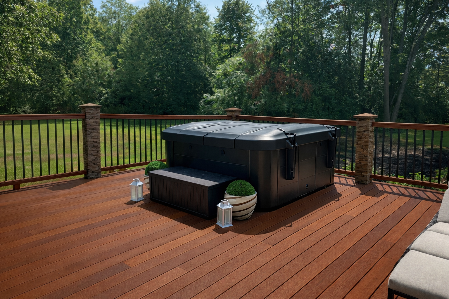 Wooden deck with a black hot tub, potted plants, lanterns, and outdoor furniture, surrounded by trees and greenery.