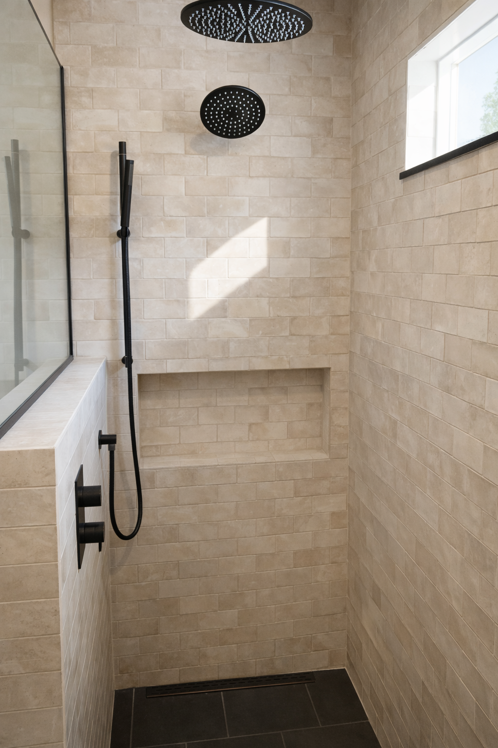 A modern shower with beige tiled walls, a black rainfall showerhead, a black handheld shower, a built-in corner niche, and a window letting in natural light.