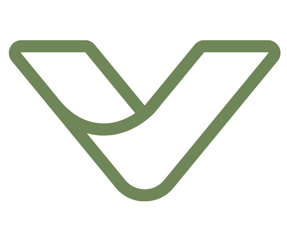 A stylized logo of a check mark incorporated into a folded leaf shape, in olive green.
