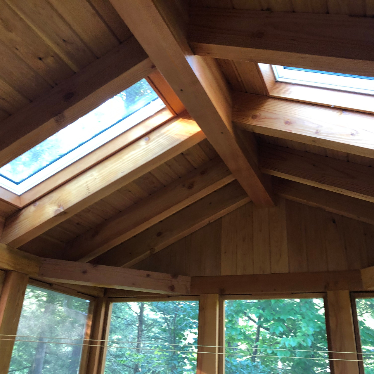 Interior view of a wooden room with a ceiling that has skylight windows, showing trees outside.