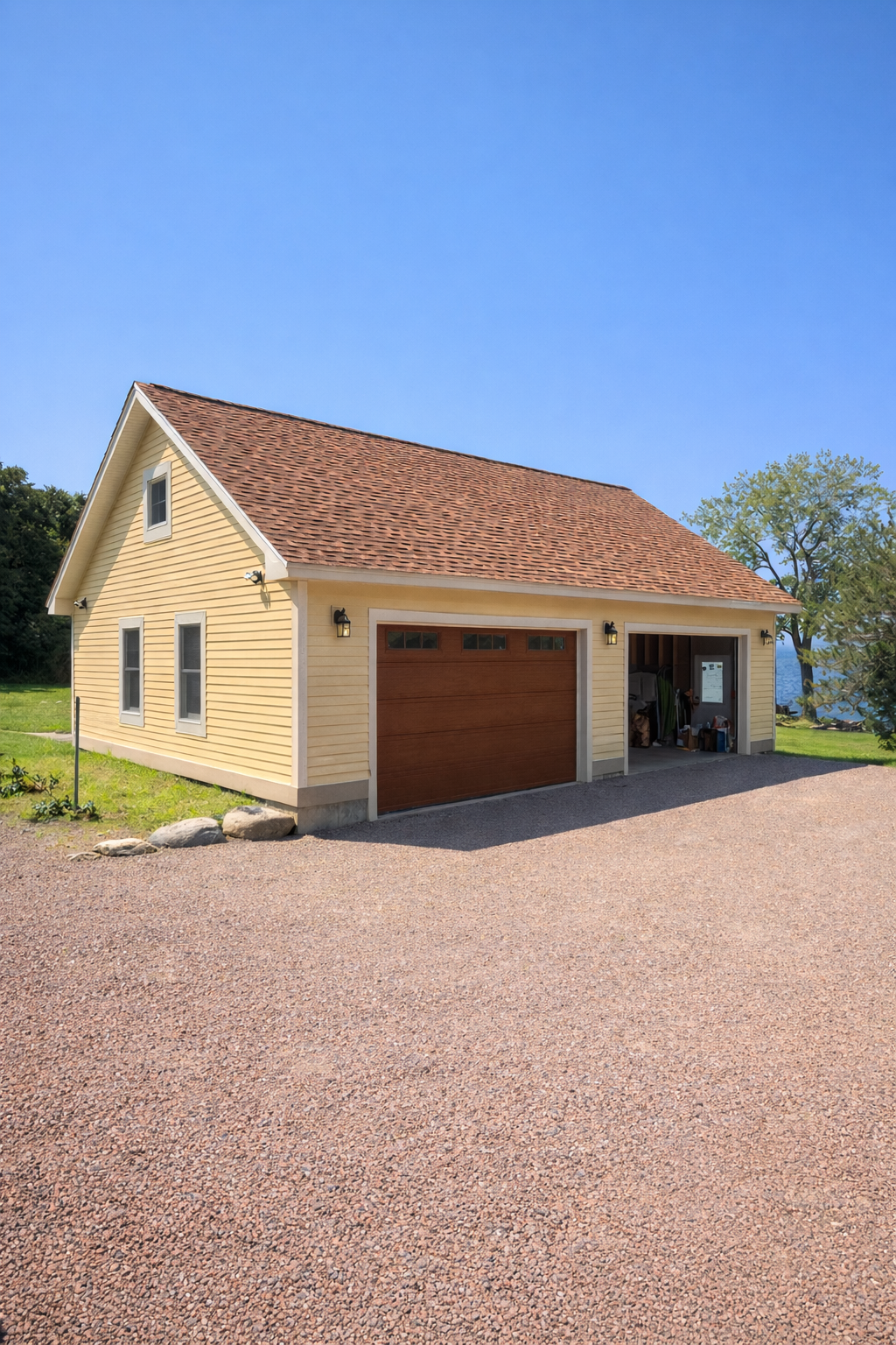 A yellow garage with a brown door, attached to a house, next to a gravel driveway with a view of a lake and trees in the background, under a clear blue sky.