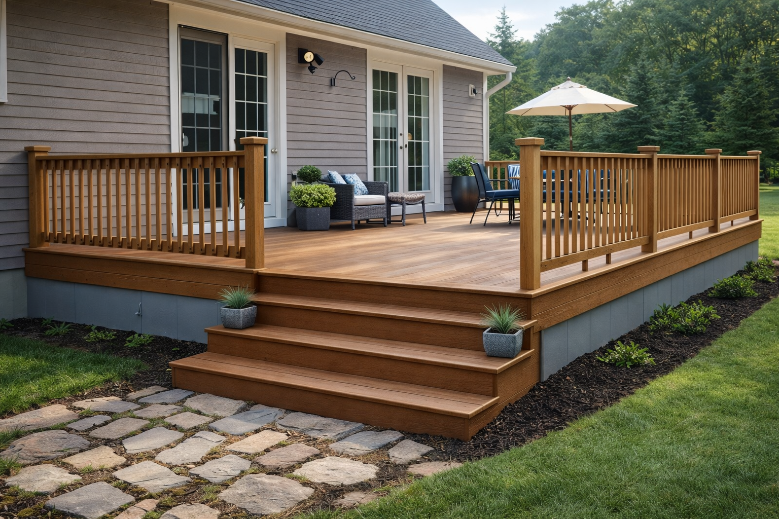 Wooden deck with stairs, potted plants, outdoor seating, and an umbrella, attached to a house with gray siding and large glass doors, surrounded by green lawn and trees.