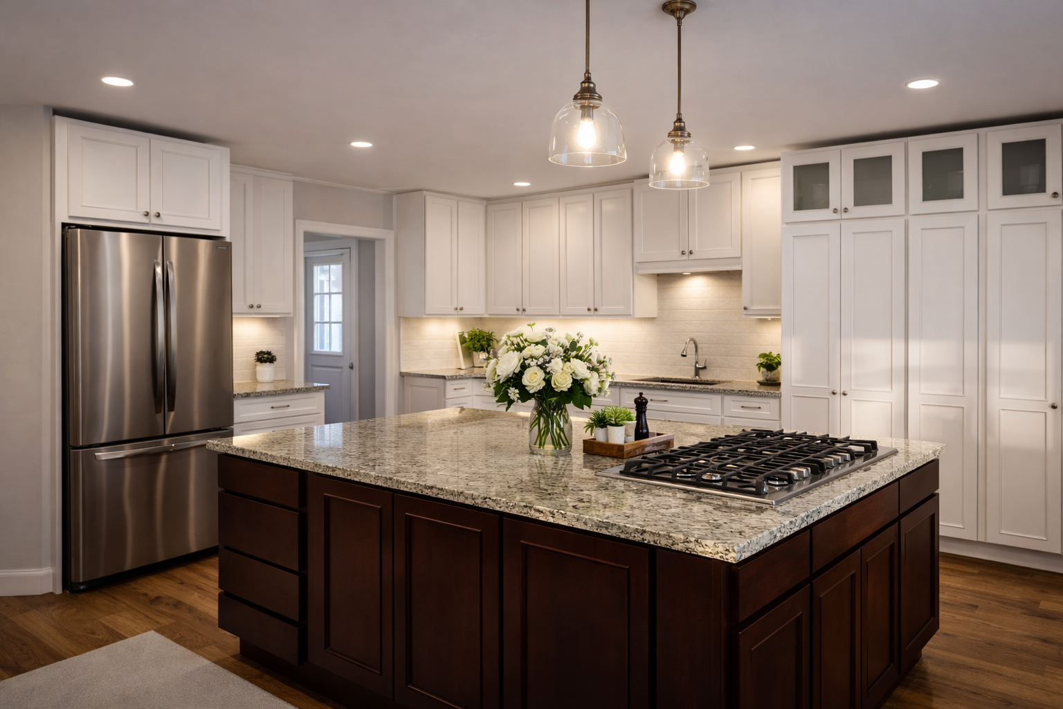 Modern kitchen with white cabinetry, stainless steel refrigerator, granite countertops, and a central island with a bouquet of white roses.