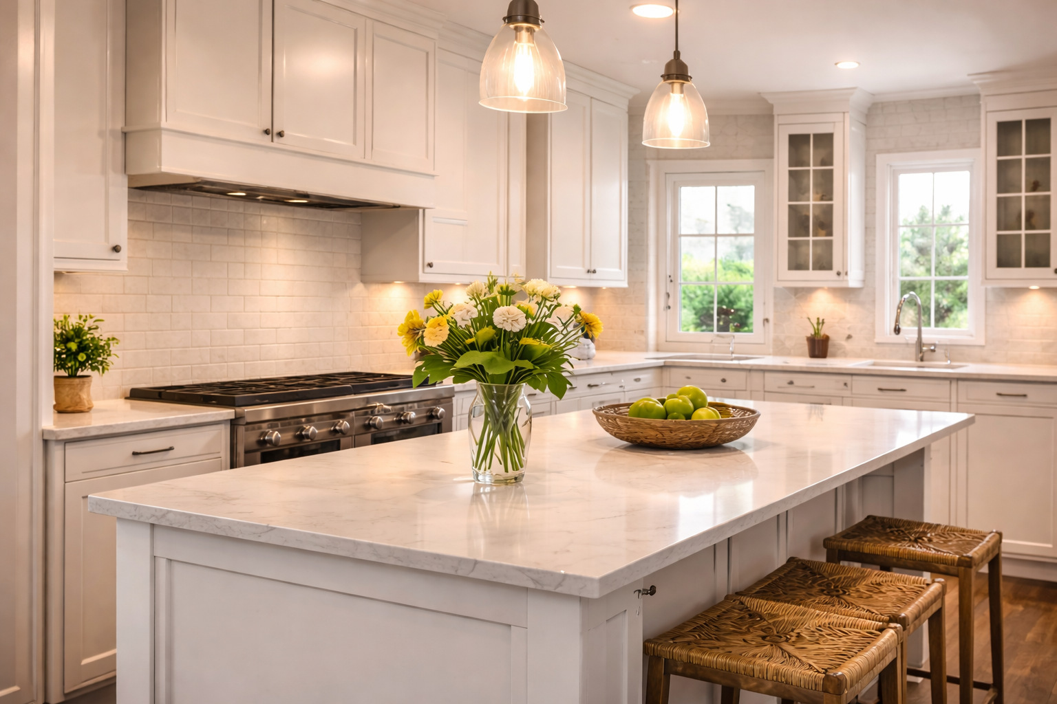 A bright, modern kitchen with white cabinets, a marble island, and two pendant lights. There is a vase with yellow and white flowers and a bowl of green apples on the island. Multiple windows bring in natural light.