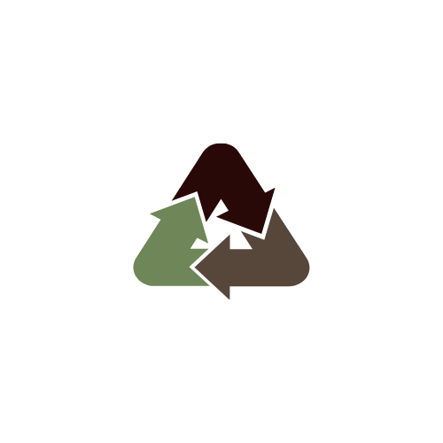 Recycling symbol with three arrows in a triangular loop, colored green, brown, and dark red.