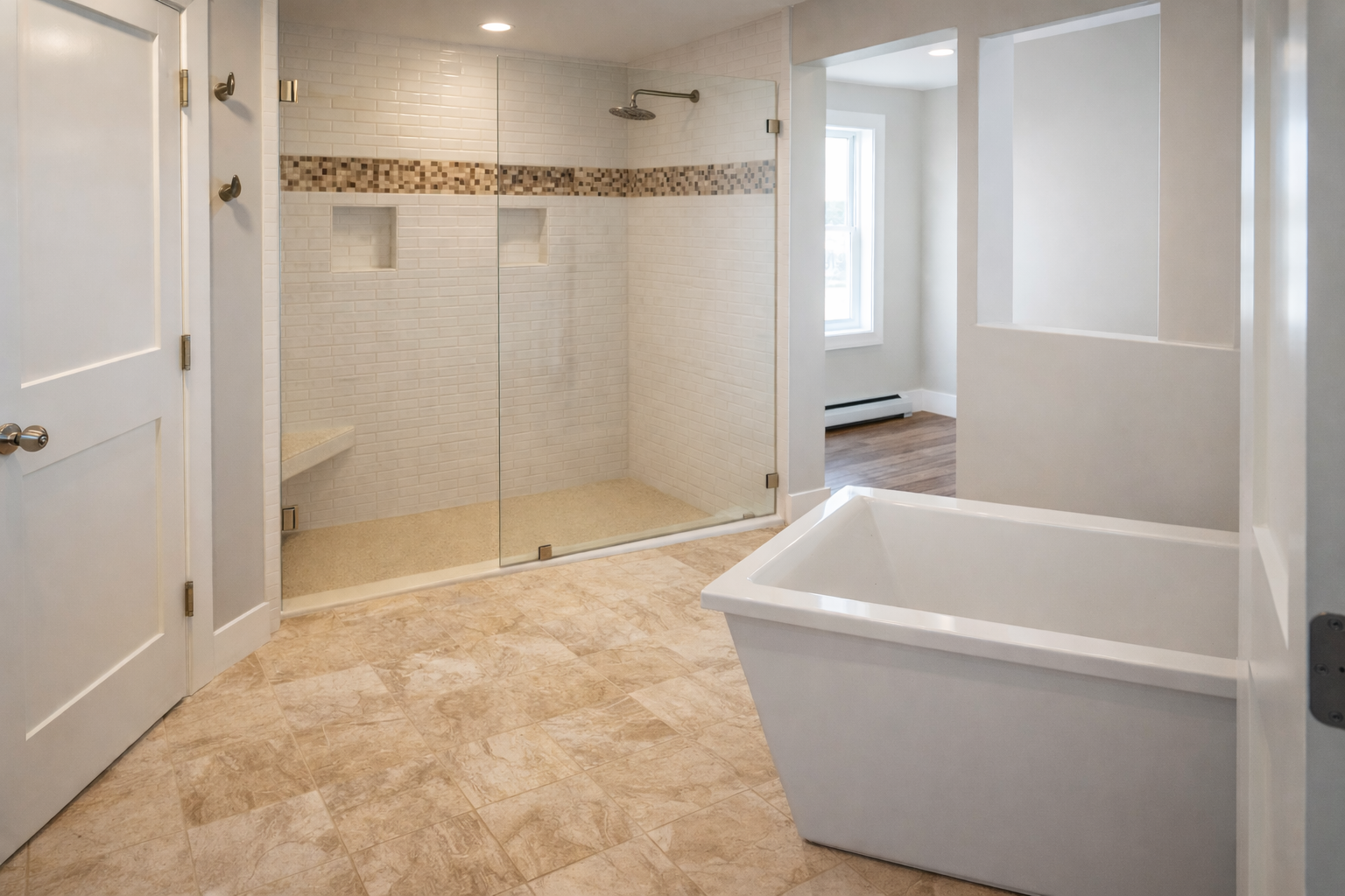 Modern bathroom with glass-enclosed shower, soaking tub, tiled floor, and white walls.