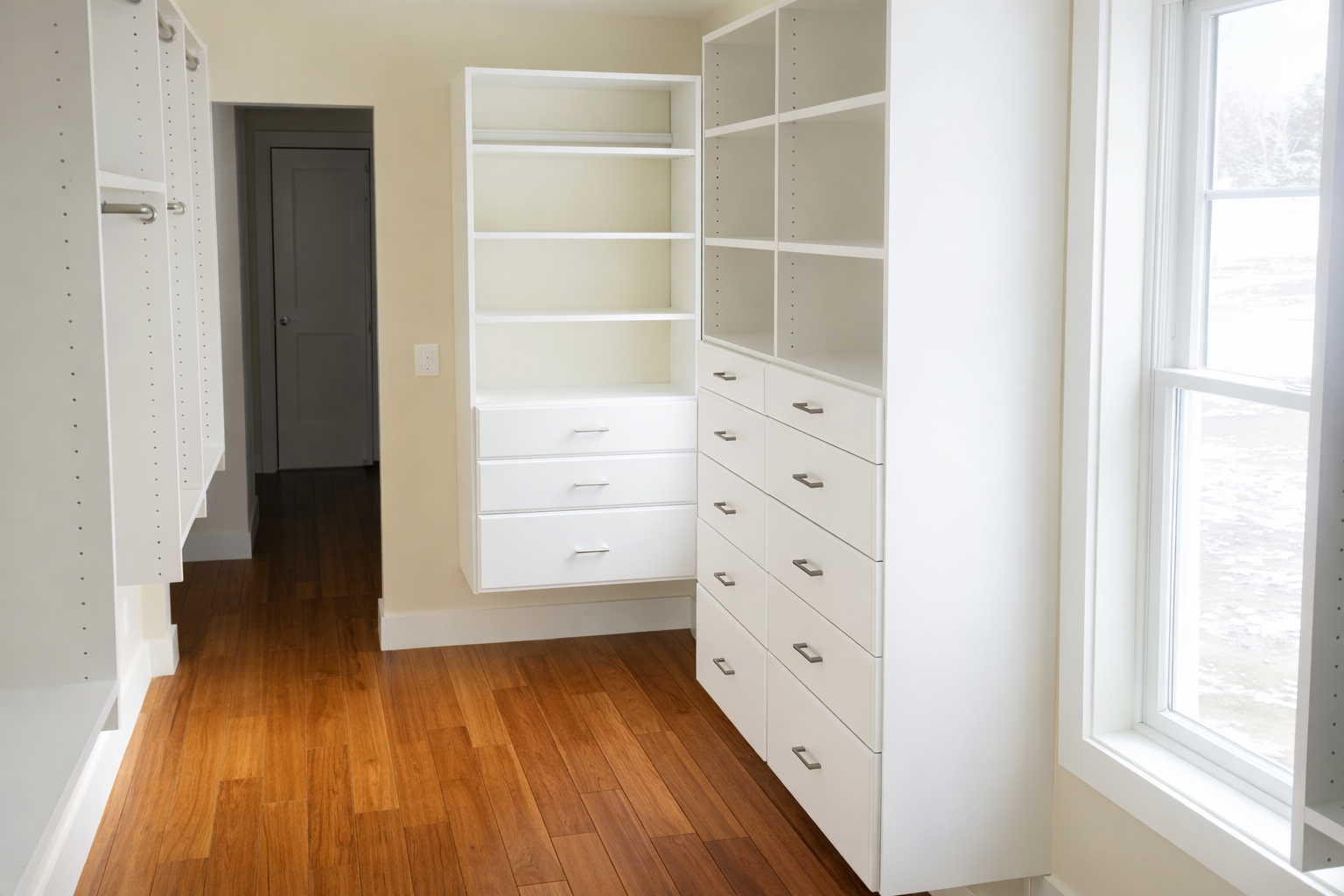 Empty walk-in closet with white built-in shelves and drawers, hardwood floor, and a window letting in natural light.