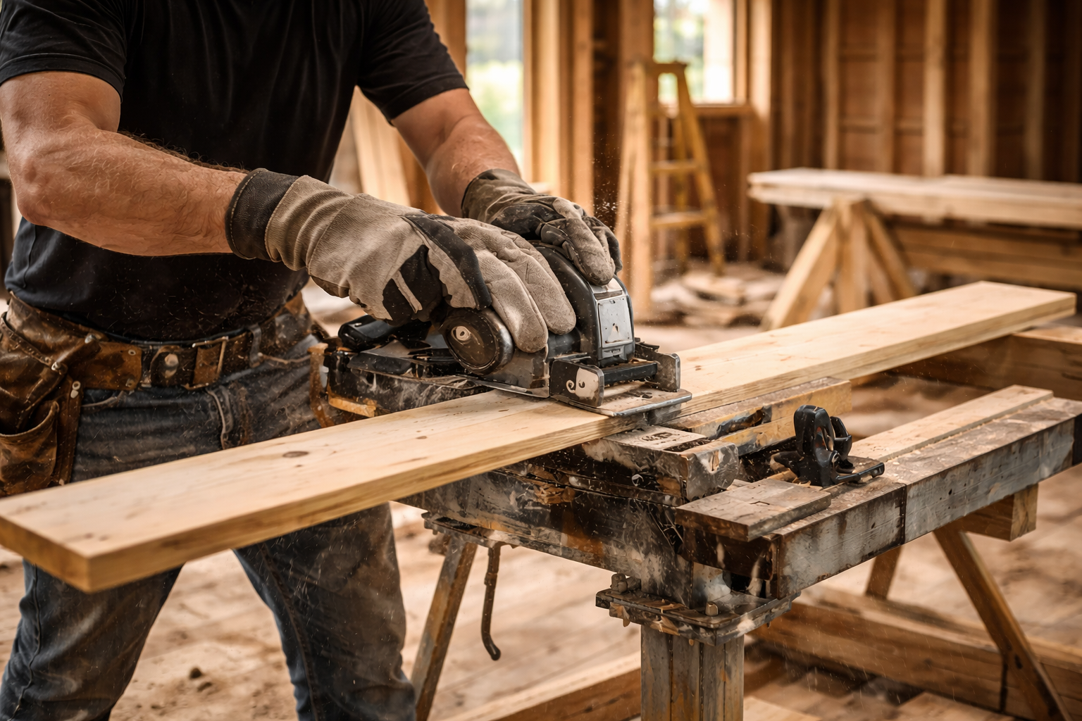 A person wearing gloves is using a planer on a wooden board in a woodworking shop with wooden framing and construction materials in the background.
