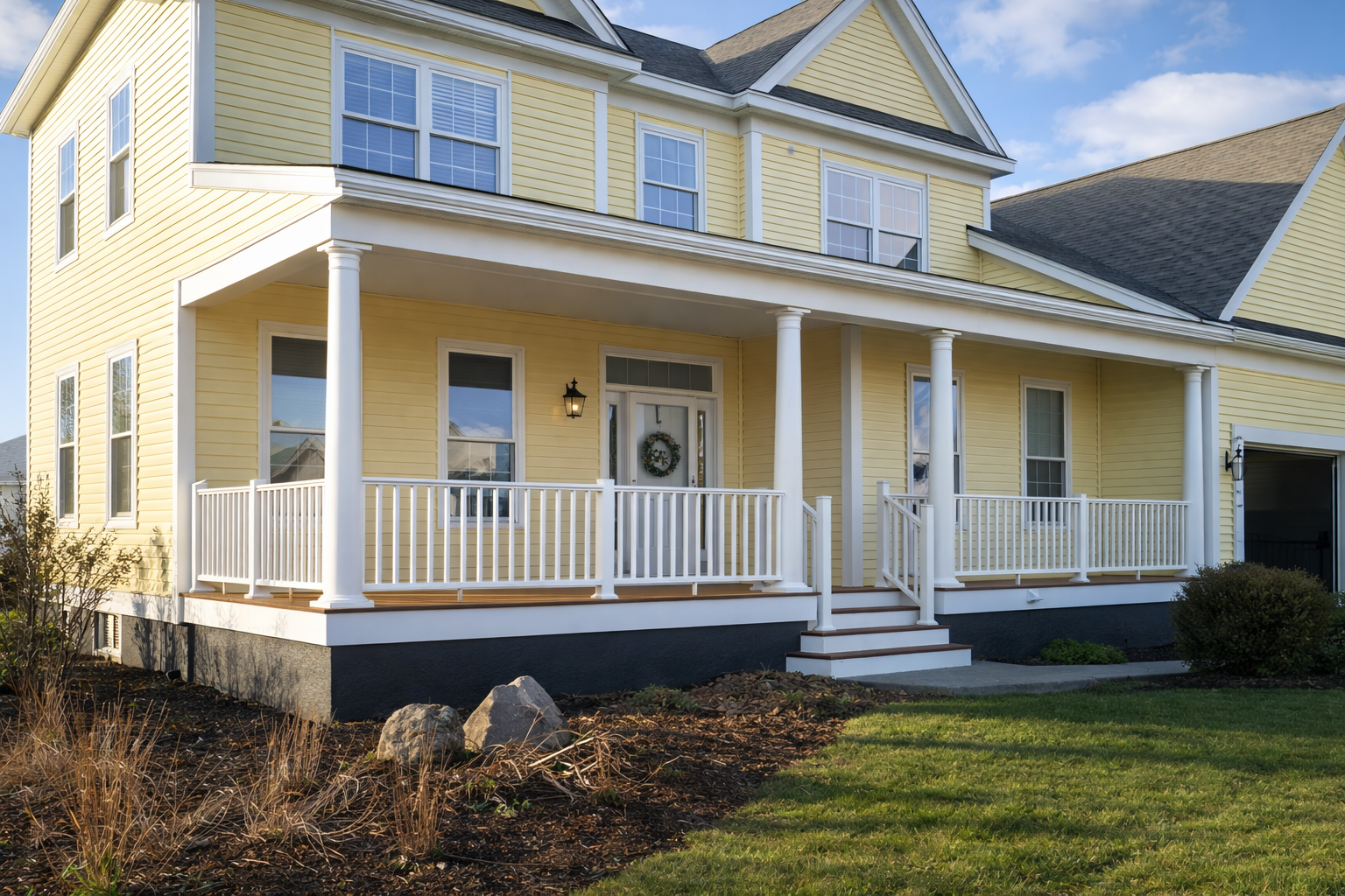 Yellow two-story house with a screened front porch, white railings, and columns, decorated with a wreath on the front door, with a green lawn and plants in the yard.
