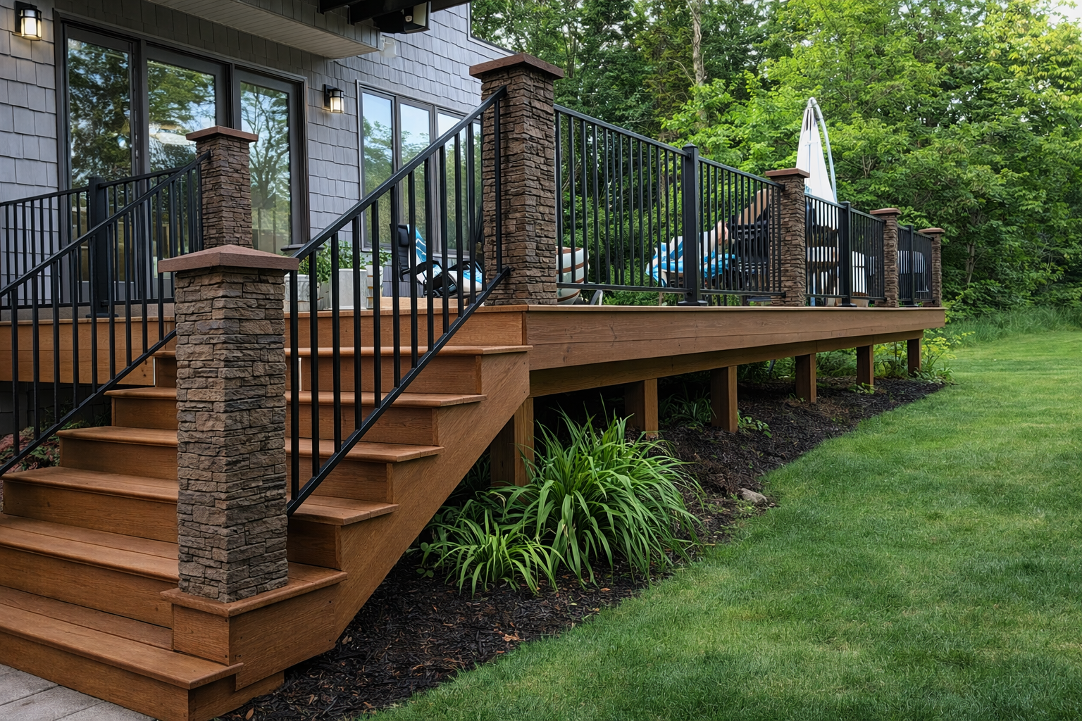A wooden deck with black metal railing and stone pillars, attached to a house with large windows, surrounded by greenery and a lawn.