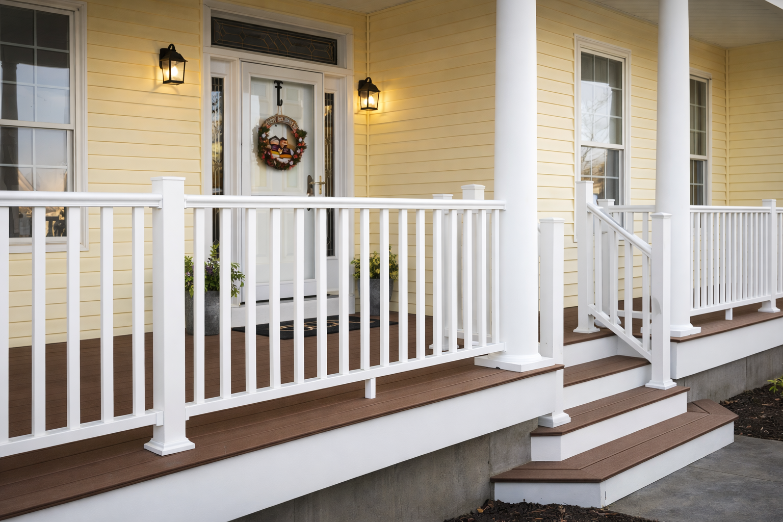 Front porch of a yellow house with white trim, a front door decorated with a holiday wreath, flanked by two wall-mounted lanterns, and accessed by stairs with white railings.