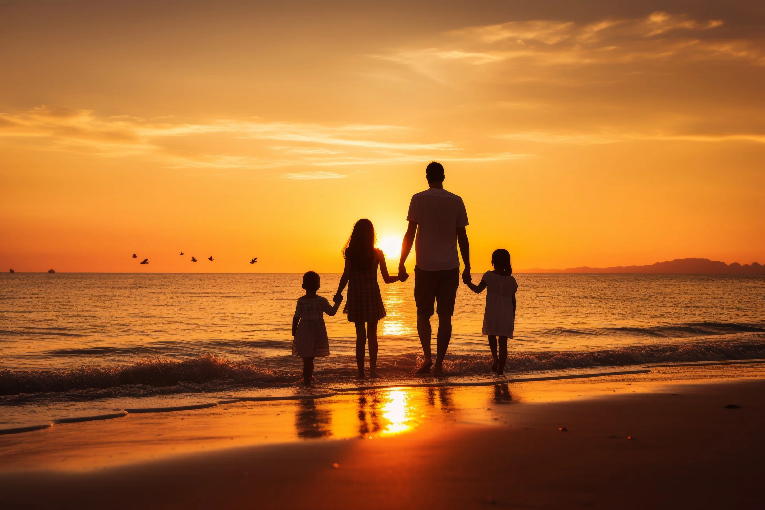 Silhouettes of a family of four holding hands on the beach during sunset, with the ocean and a colorful sky in the background.