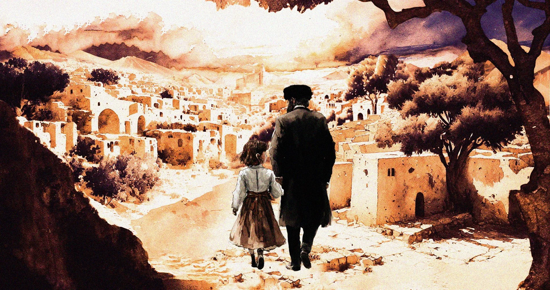 A still from an animated scene showing a man and a young girl walking hand in hand through a village, with mountains and trees in the background.