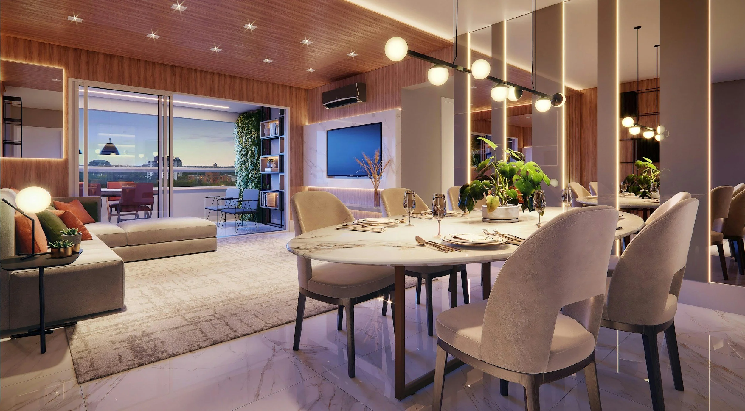 Modern open-concept living and dining area with a view of a city skyline through large windows; includes a marble dining table with plush beige chairs, a gray sofa with decorative pillows, a TV mounted on a white marble wall, and stylish lighting fixtures.