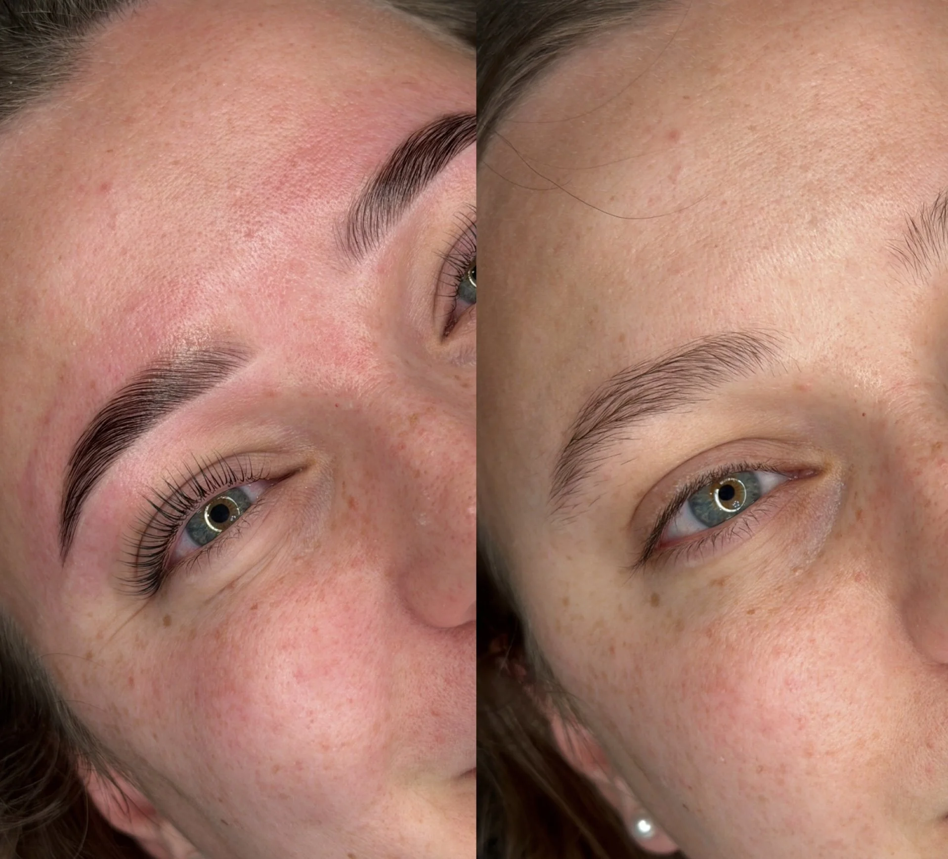 Close-up comparison of a woman's face showing before and after skincare or makeup application, focusing on improved skin texture and appearance.
