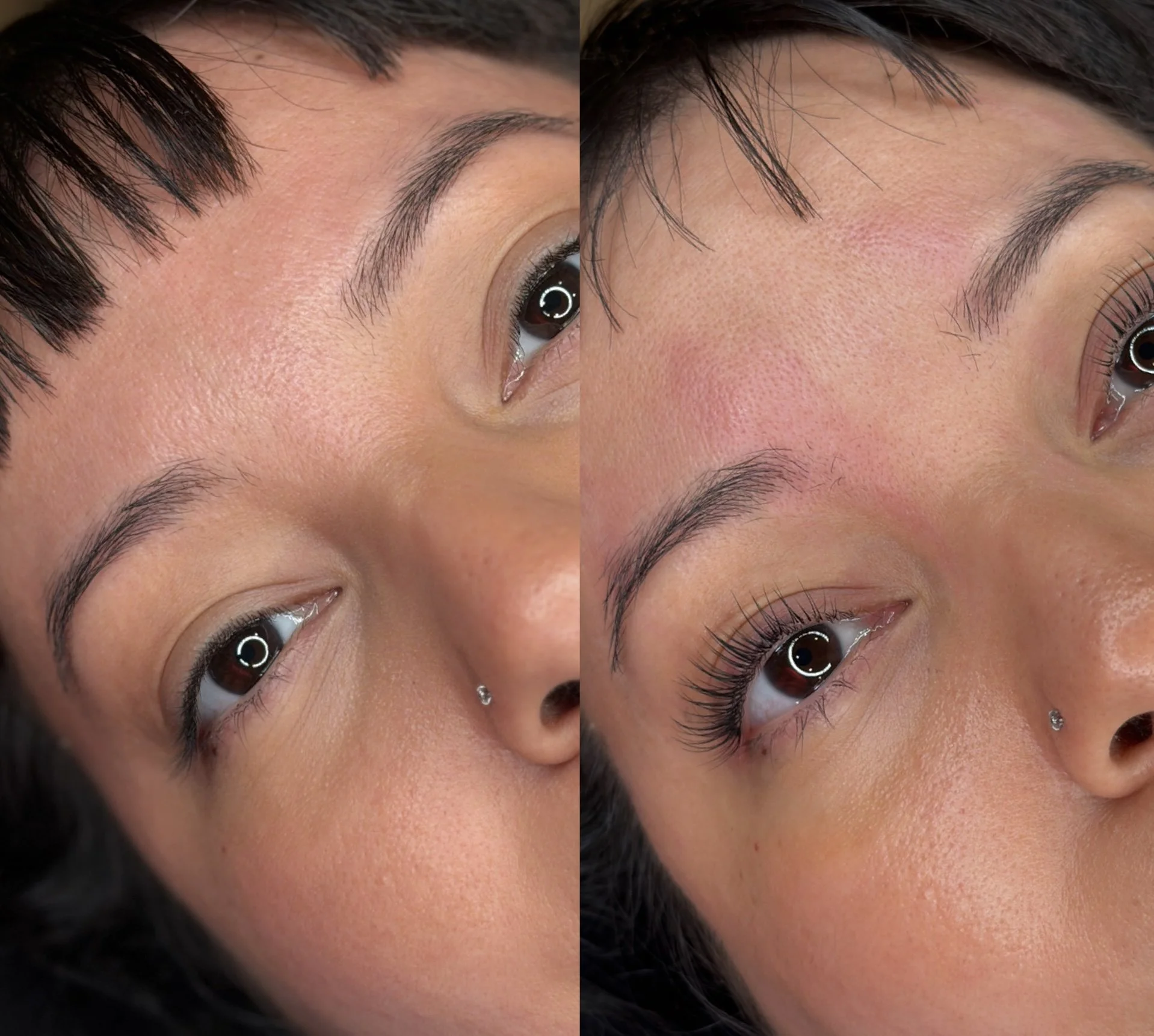 Close-up of a woman's face split into two parts, showing before and after views of her eyes with eyelash extensions. The left side shows her natural eyelashes and eyebrow, and the right side shows her with extended eyelashes and slightly groomed eyebrows.
