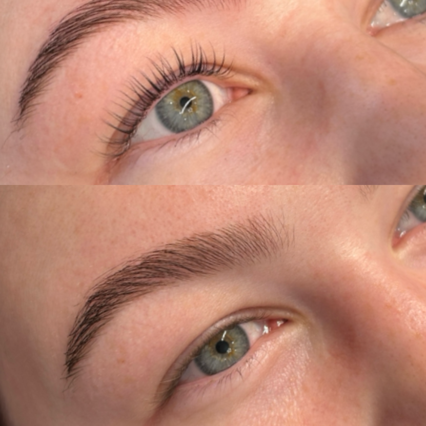 Close-up of a person's eye before and after eyebrow grooming or microblading, showing fuller, well-shaped eyebrows.