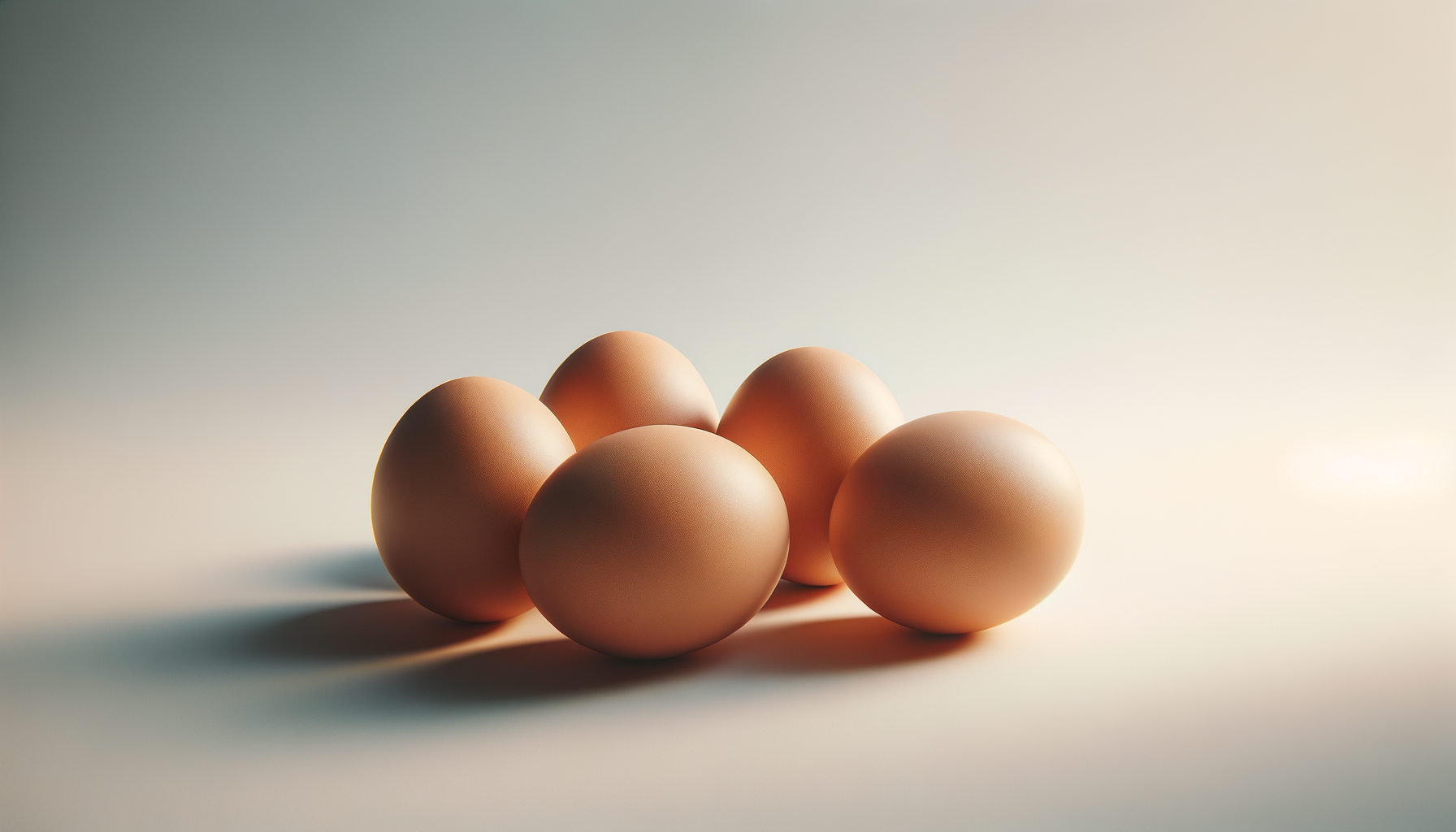 Six eggs with smooth, light brown shells arranged on a light surface with soft shadows.