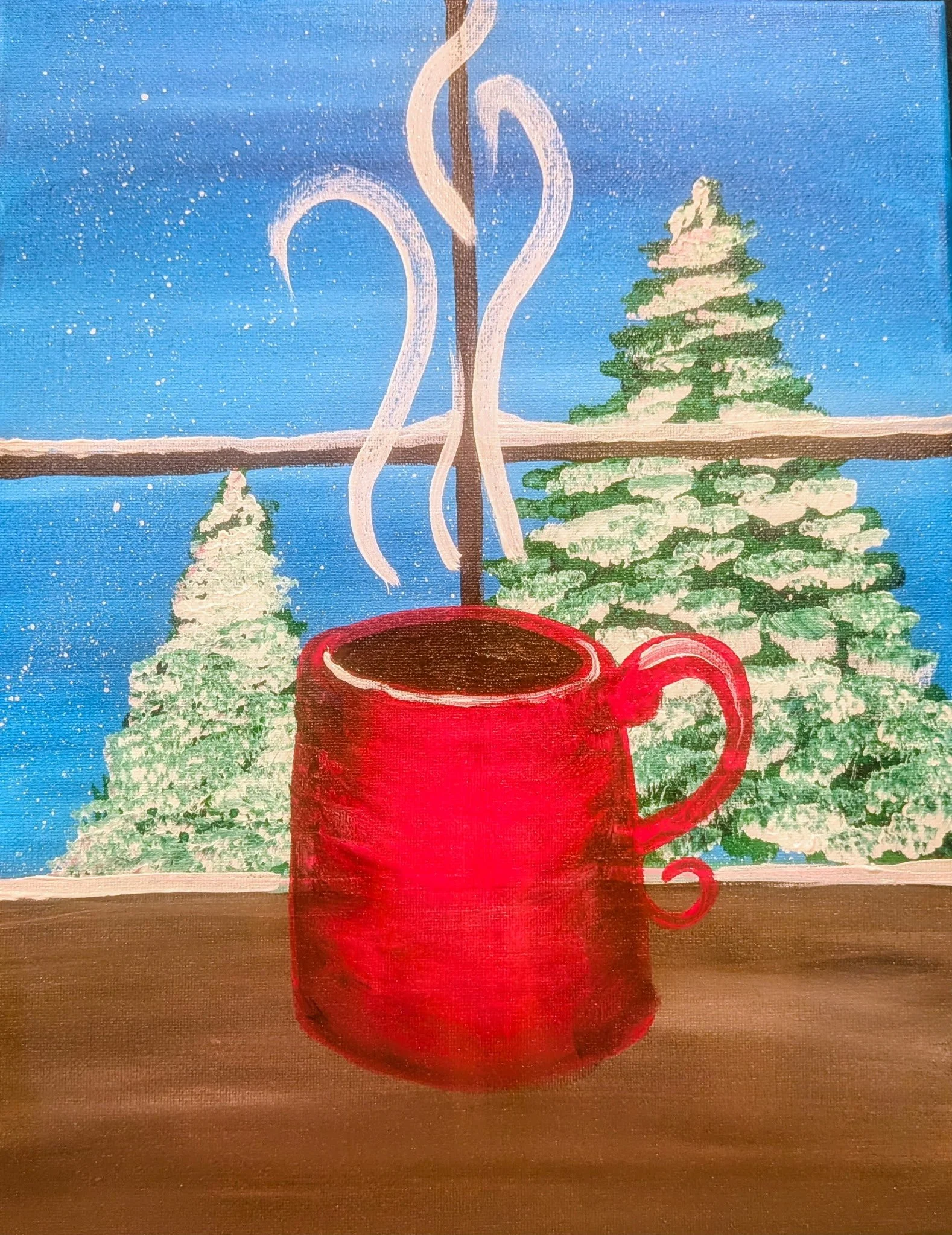 Cozy Mug &amp; Snowy Window – Acrylic Painting
