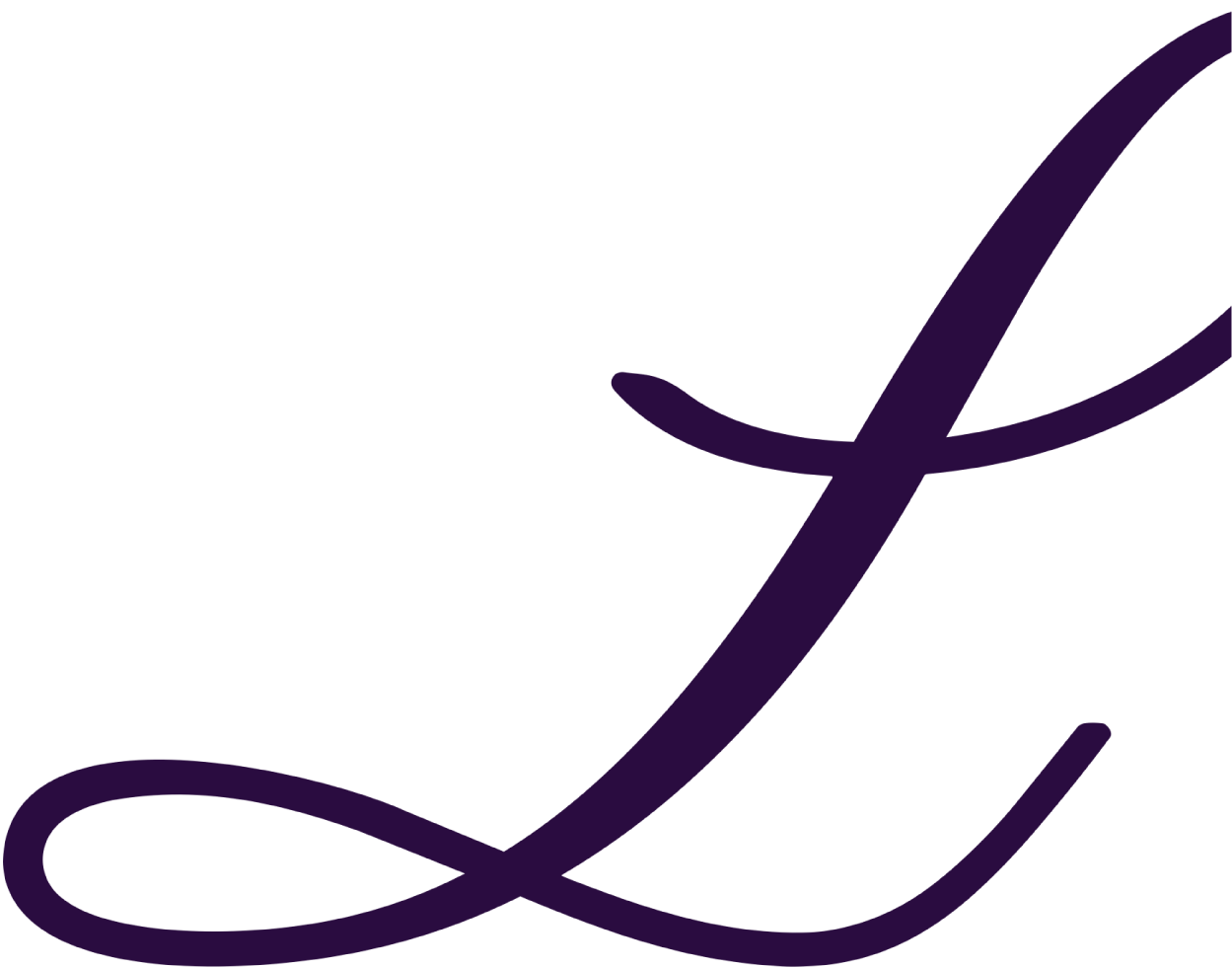 A large, stylized, dark purple letter 'L' with a flourish in a decorative script font on a black background.