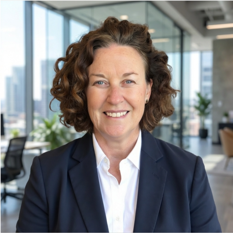 A professional woman with curly brown hair wearing a dark blazer and white shirt, smiling in a modern office with large windows, cityscape, and indoor plants.