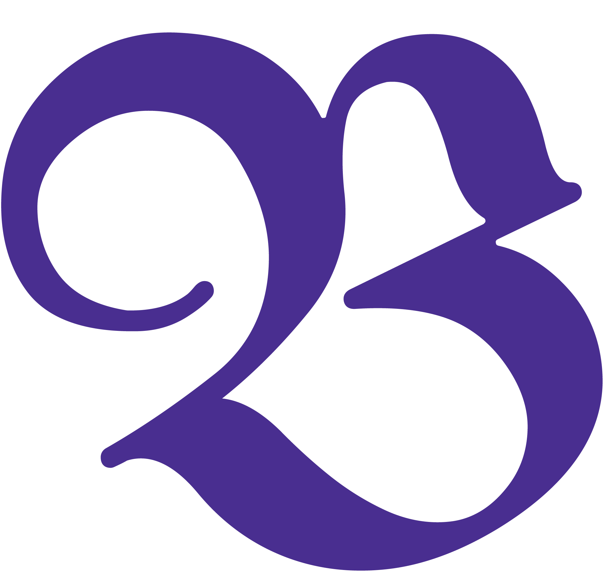 Close-up of a large purple stylized letter "Q" on a black background