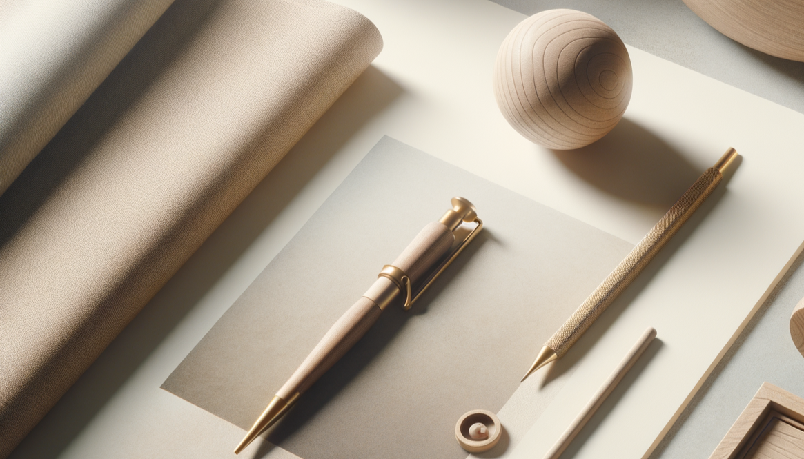 Imagem com itens de escritório e decoração em cores neutras, incluindo papel, uma esfera de madeira, uma caneta, uma régua e um bloco de anotações.