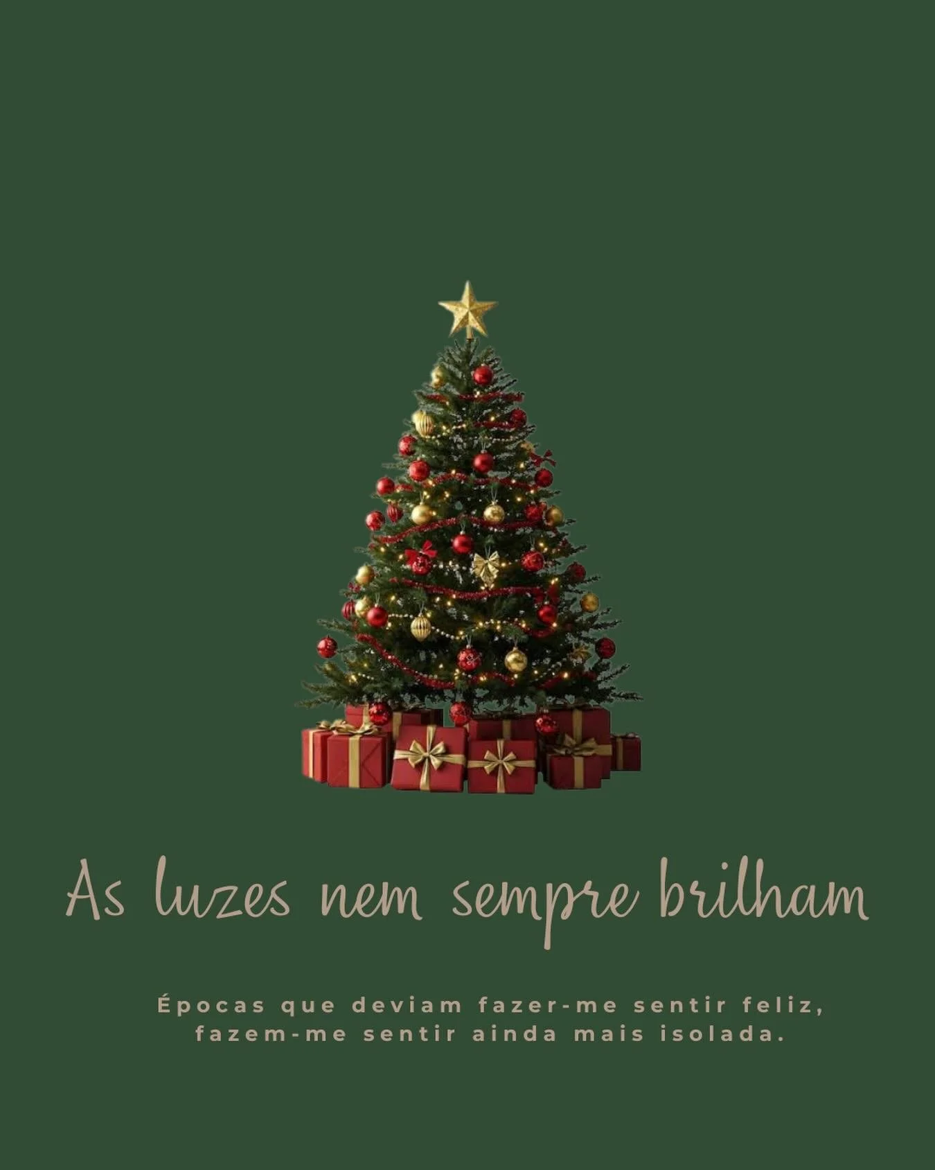 Nem todas as luzes brilham por dentro.
H&aacute; &eacute;pocas que deviam ser felizes, mas que nos fazem sentir ainda mais s&oacute;s.
Se este tempo te pesa, fala sobre isso.
Cuidar da tua sa&uacute;de emocional tamb&eacute;m &eacute; um presente. ✨
