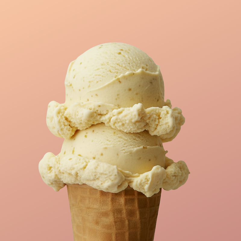 Two scoops of vanilla ice cream on a waffle cone against a pink background.