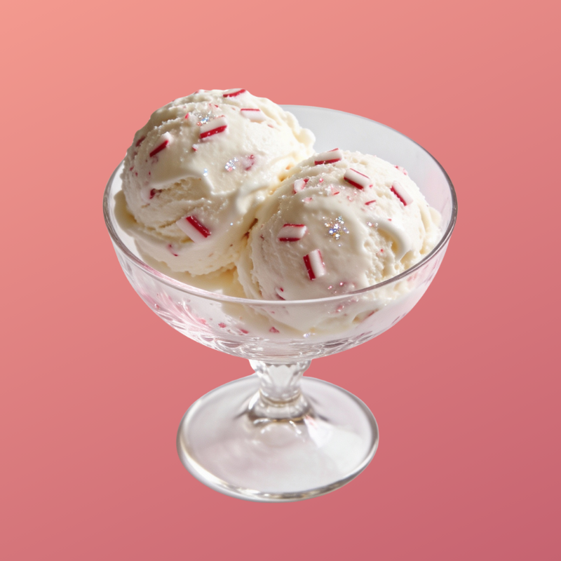 Two scoops of vanilla ice cream with red and white sprinkles in a glass dessert bowl on a pink background.