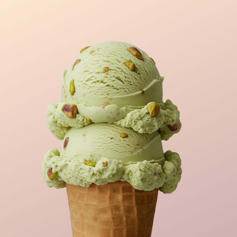 A waffle cone filled with two scoops of pistachio ice cream decorated with chopped pistachios on top and around the scoops.