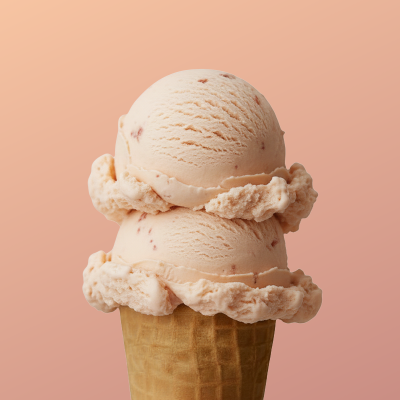 Two scoops of vanilla ice cream with.raspberry swirls in a waffle cone against a pink background.