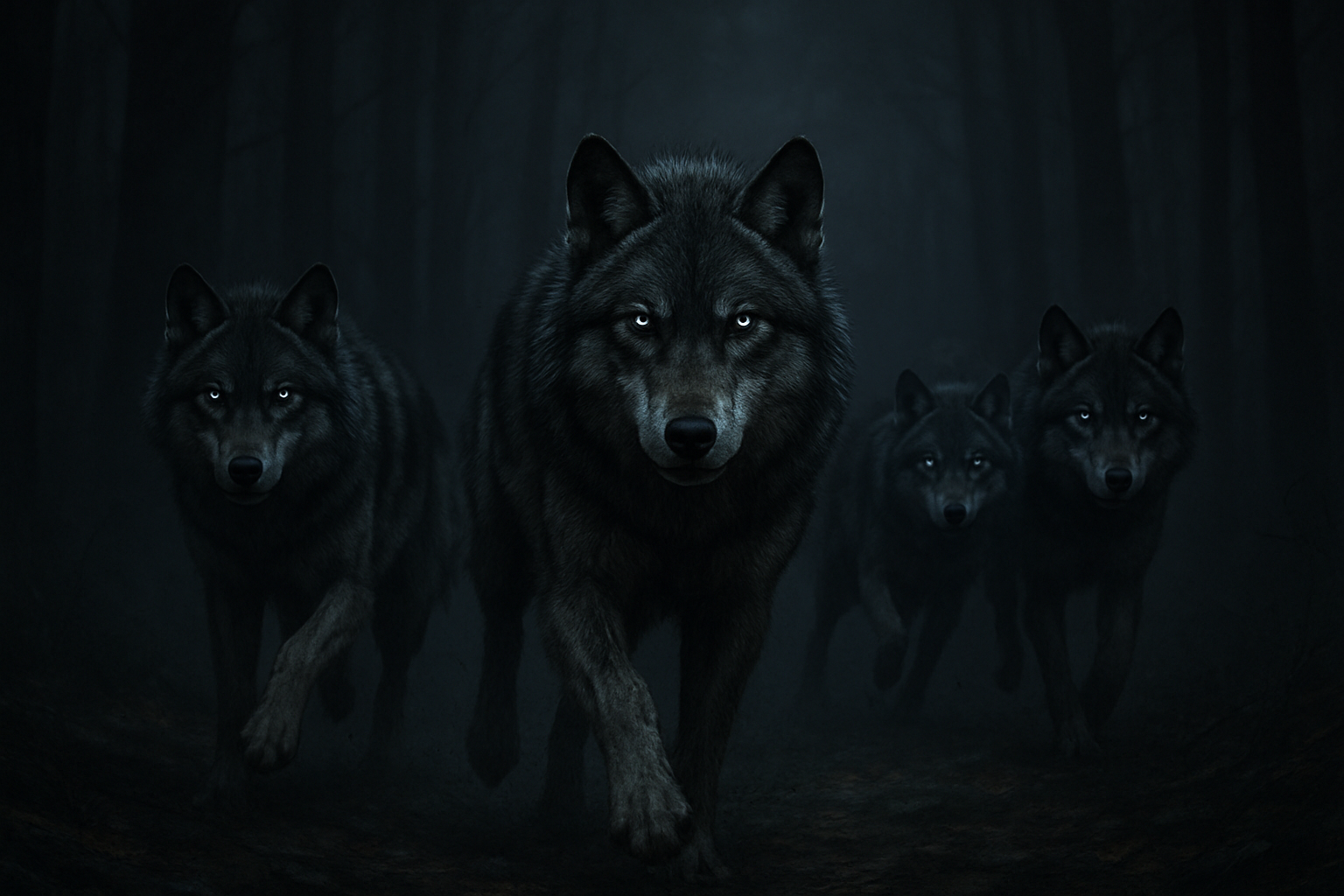 A pack of four black wolves running through a dark forest at night.
