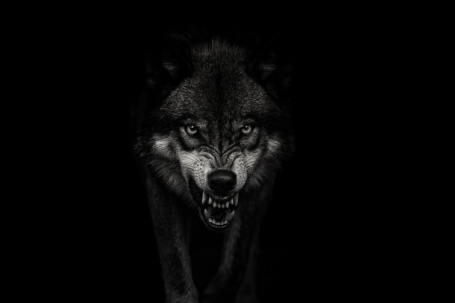 Black wolf with bared teeth snarling in darkness.