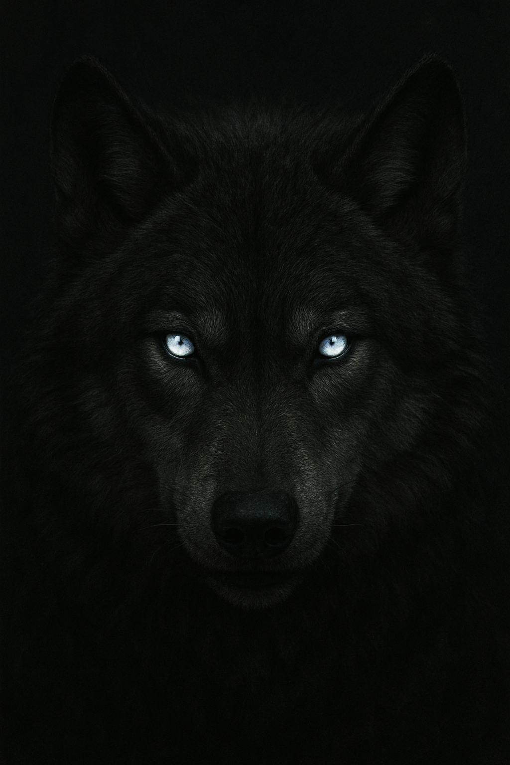 Close-up of a black wolf's face with piercing blue eyes, set against a dark background.