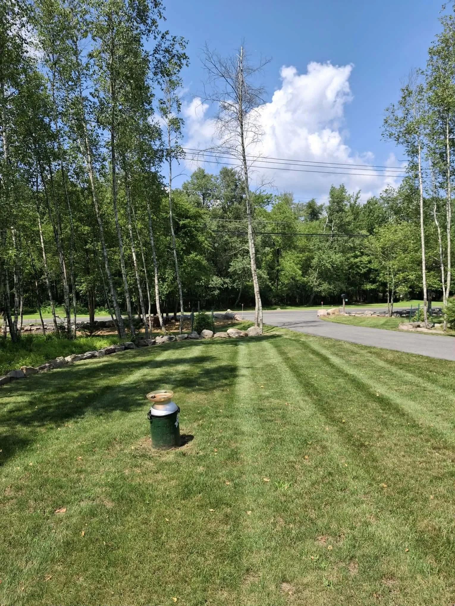 A lush green lawn with neatly mowed stripes, bordered by trees and a row of rocks. A birdbath is mounted on a small stand on the grass, and a paved road curves into the distance with trees and power lines visible against a bright blue sky with scatte