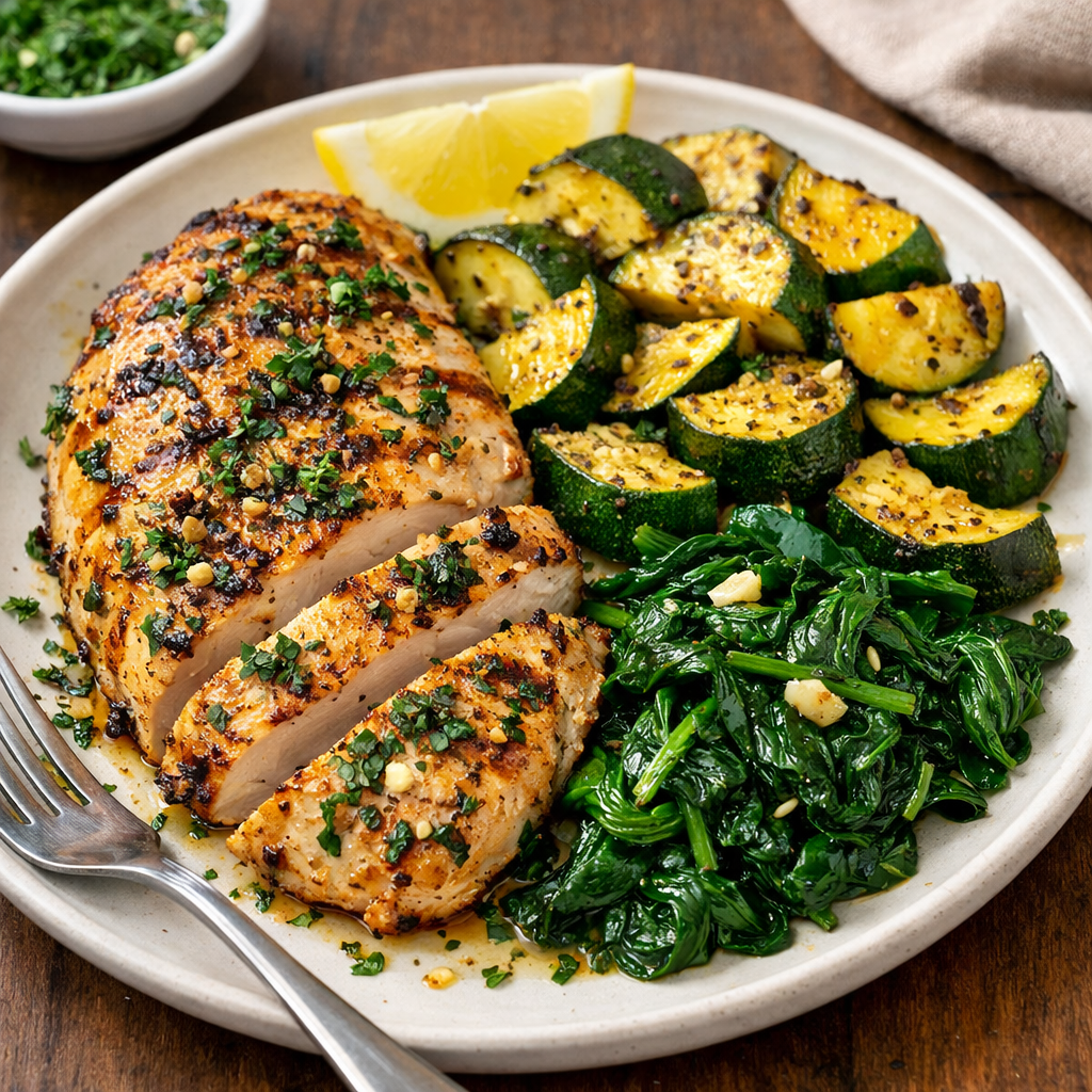 Herb-Grilled Chicken with Roasted Zucchini &amp; Spinach