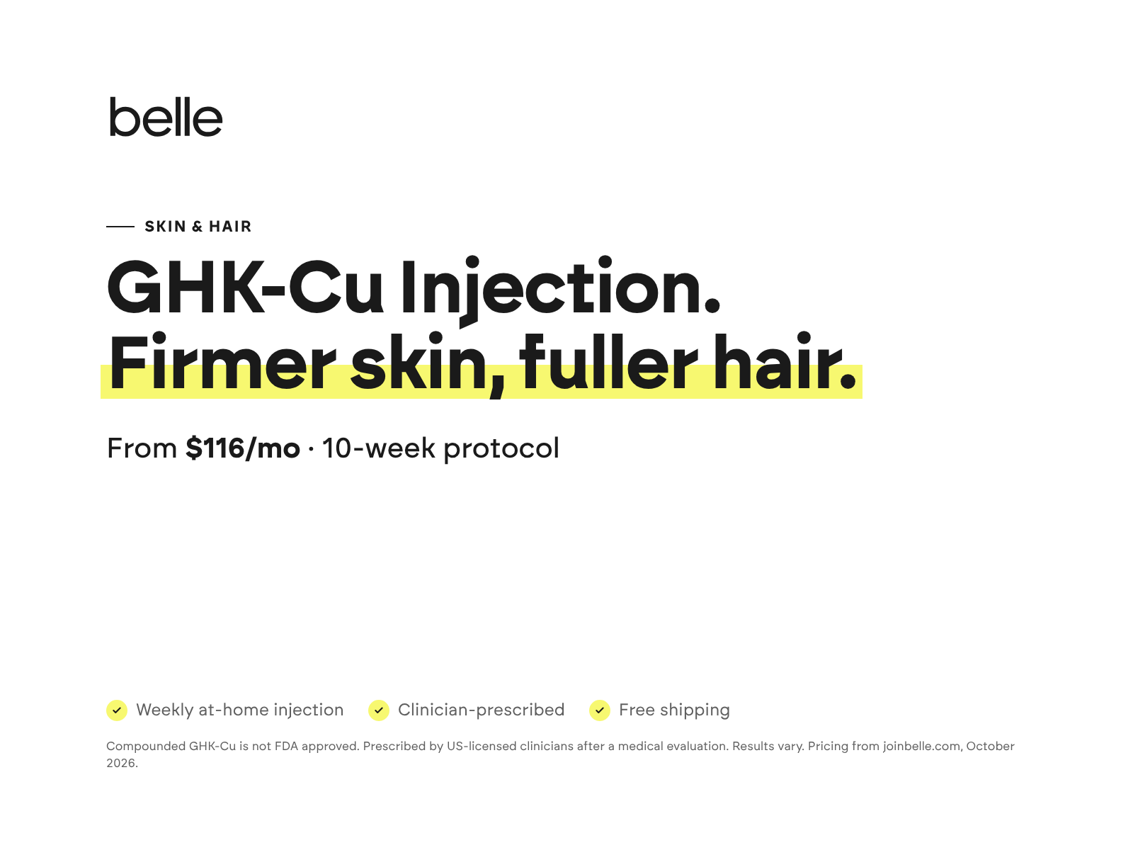Belle GHK-Cu injection for firmer skin and fuller hair, from $116 per month