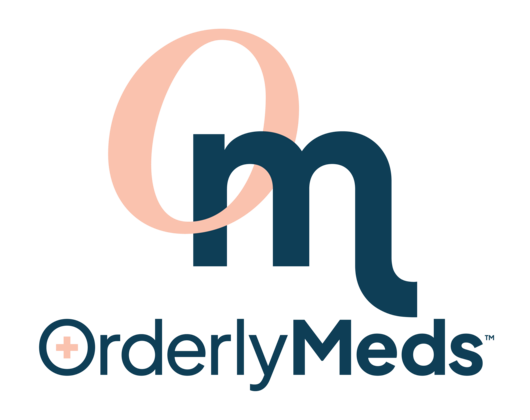 OrderlyMeds logo with a stylized pink 'Q' and blue intertwined 'm', featuring a white medical cross icon near the text.