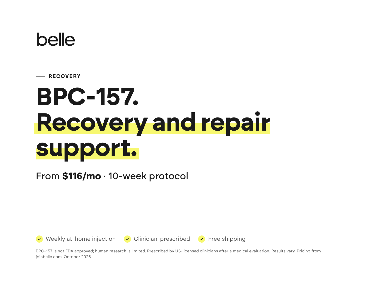 Belle BPC-157 for recovery and repair support, from $116 per month
