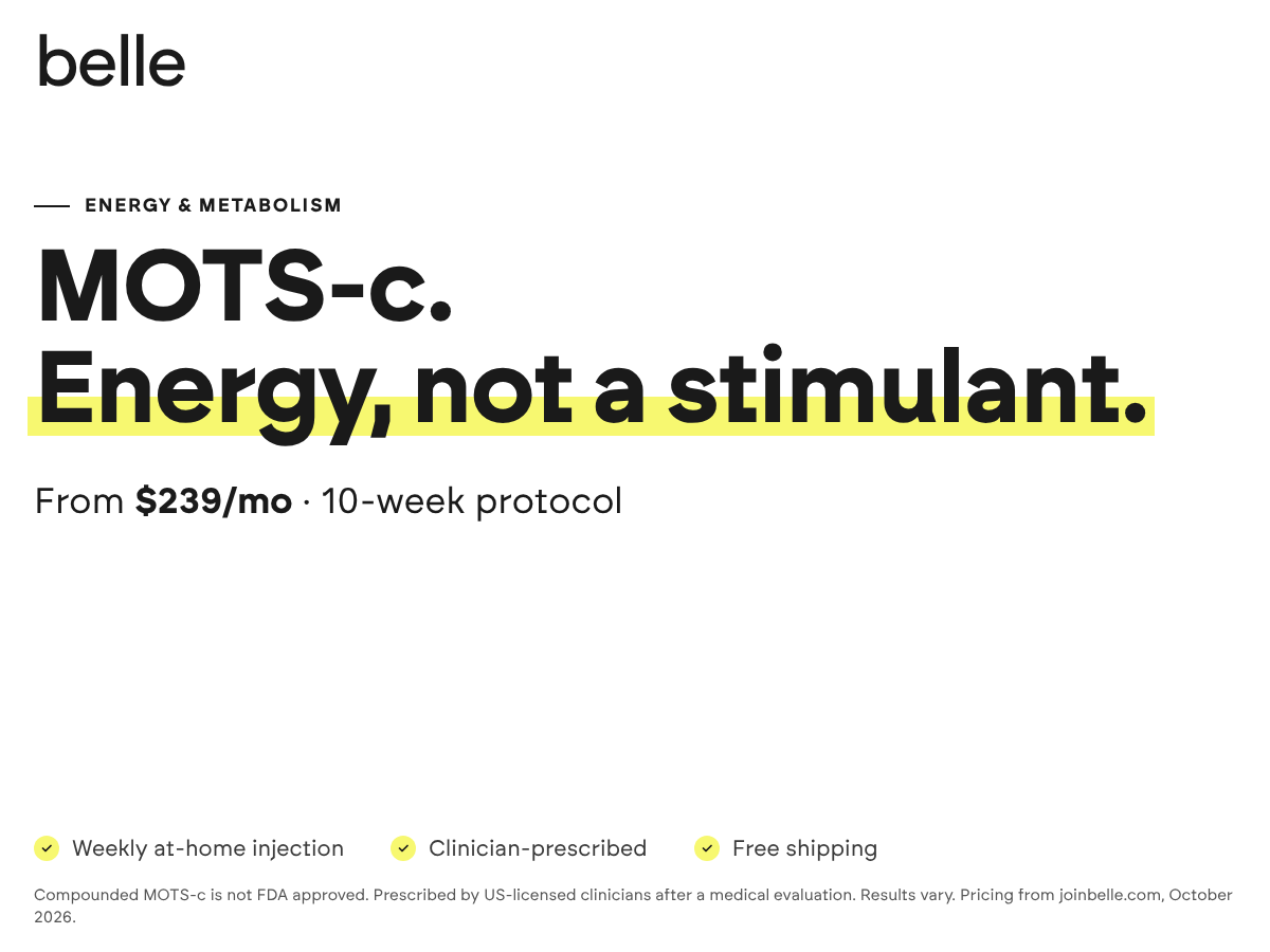 Belle MOTS-c for energy and metabolic health, from $239 per month