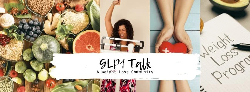 Collage of healthy foods, a woman smiling with weights, feet on a scale, and a weight loss program notebook with pen, promoting weight loss community and healthy living.