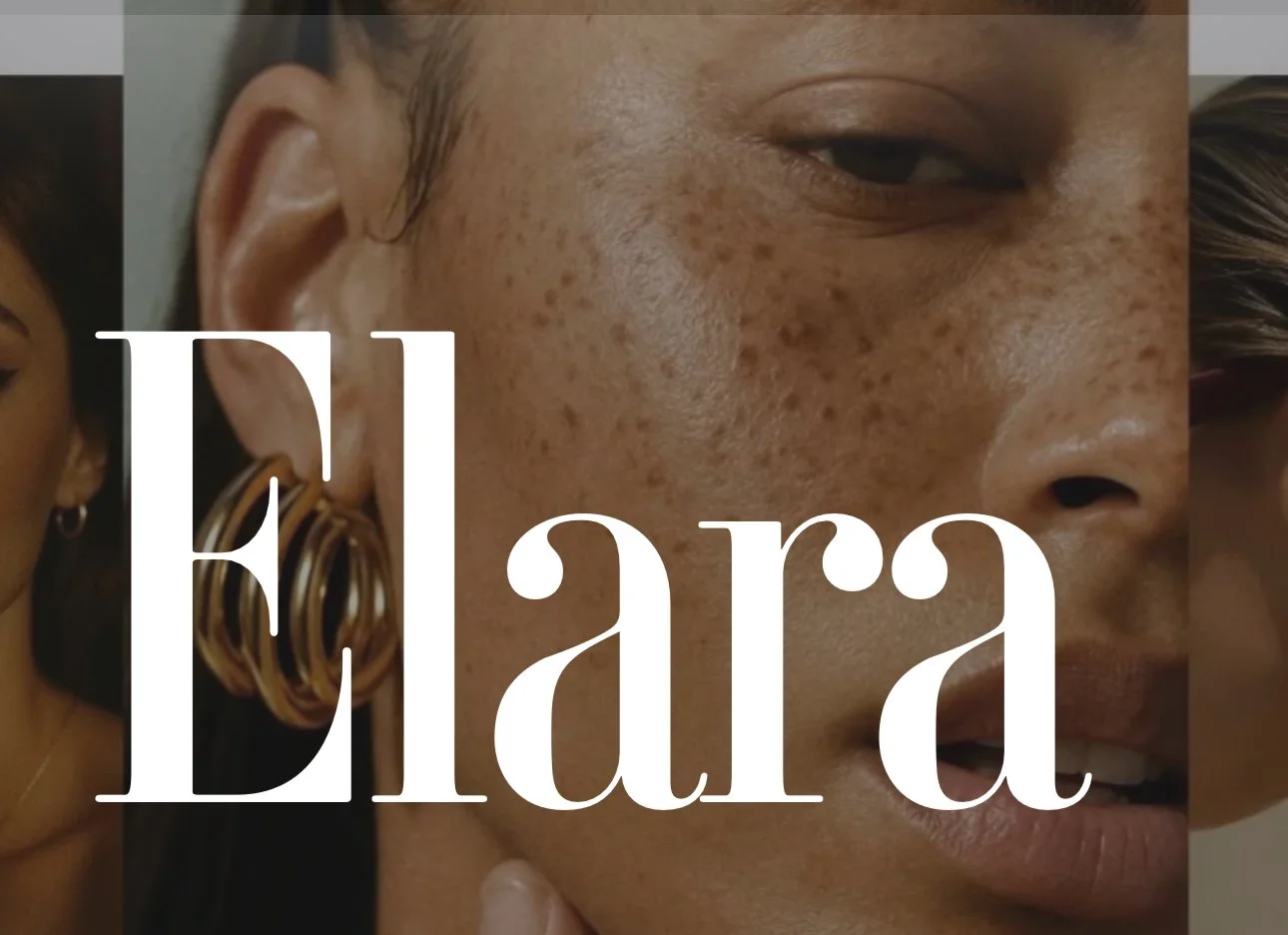 Close-up of a woman's face showing freckles, with large white text reading 'Elara' overlaid.