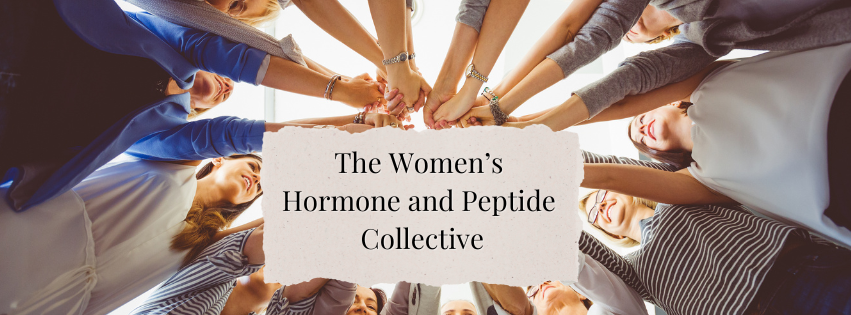 Group of women standing in a circle with hands stacked in the center, holding a sign that reads 'The Women's Hormone and Peptide Collective'.