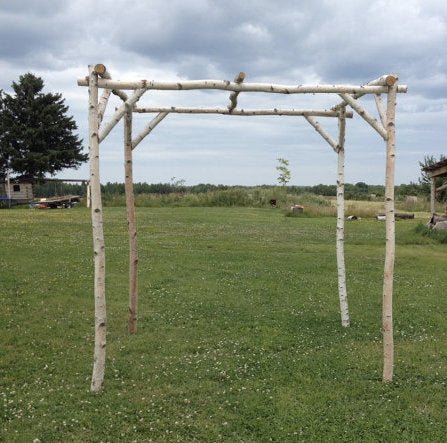A simple wooden frame structure outdoors in a grassy field, with cloudy sky overhead.