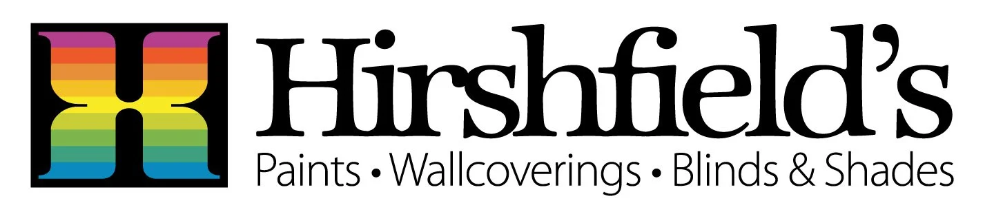 Hirshfield's logo with rainbow-colored H symbol and black text that reads 'Hirshfield's' with a tagline 'Paints, Wallcoverings, Blinds & Shades'