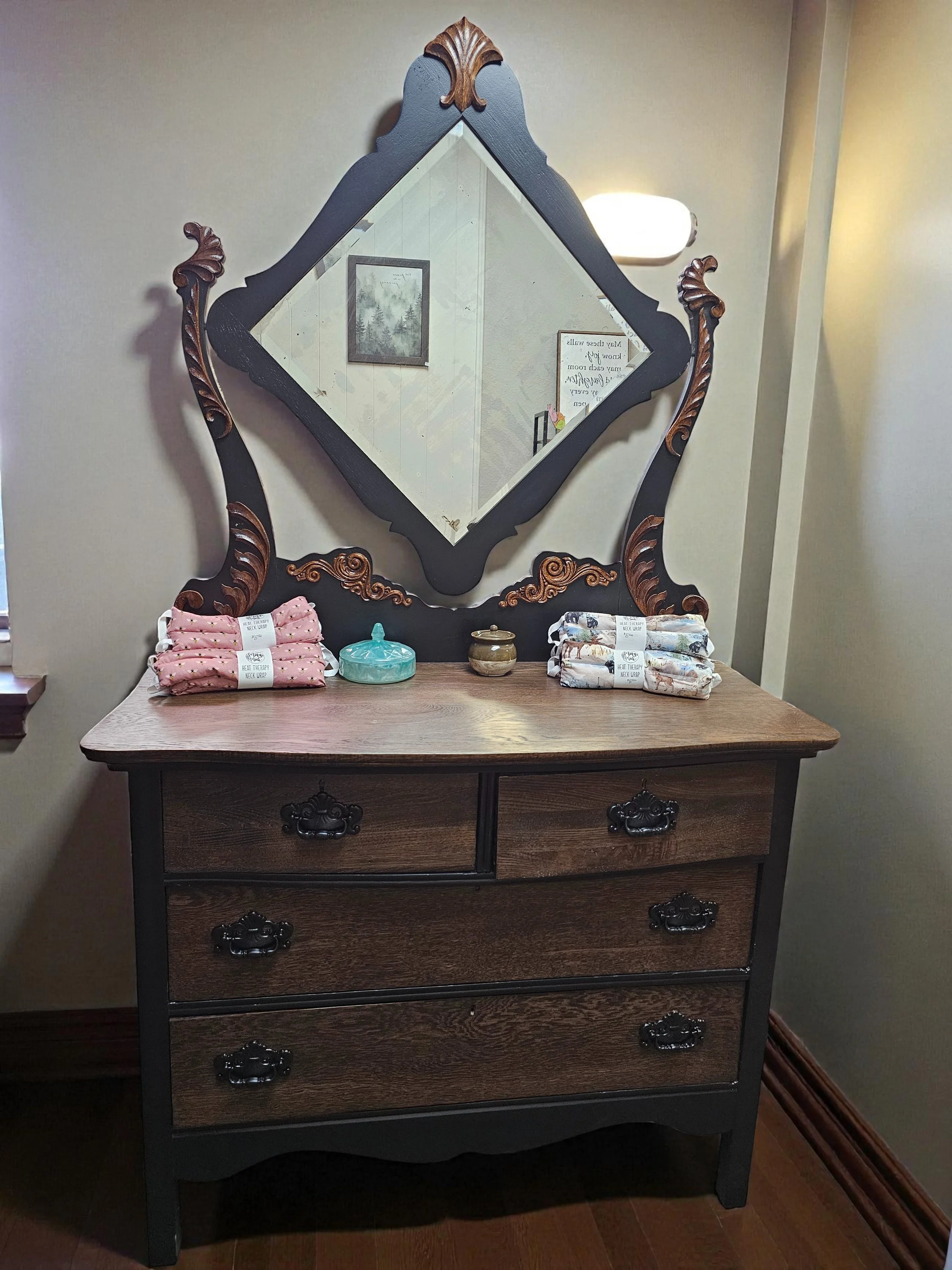 Black and wood toned antique dresser refinished by Barefoot Painter LLC