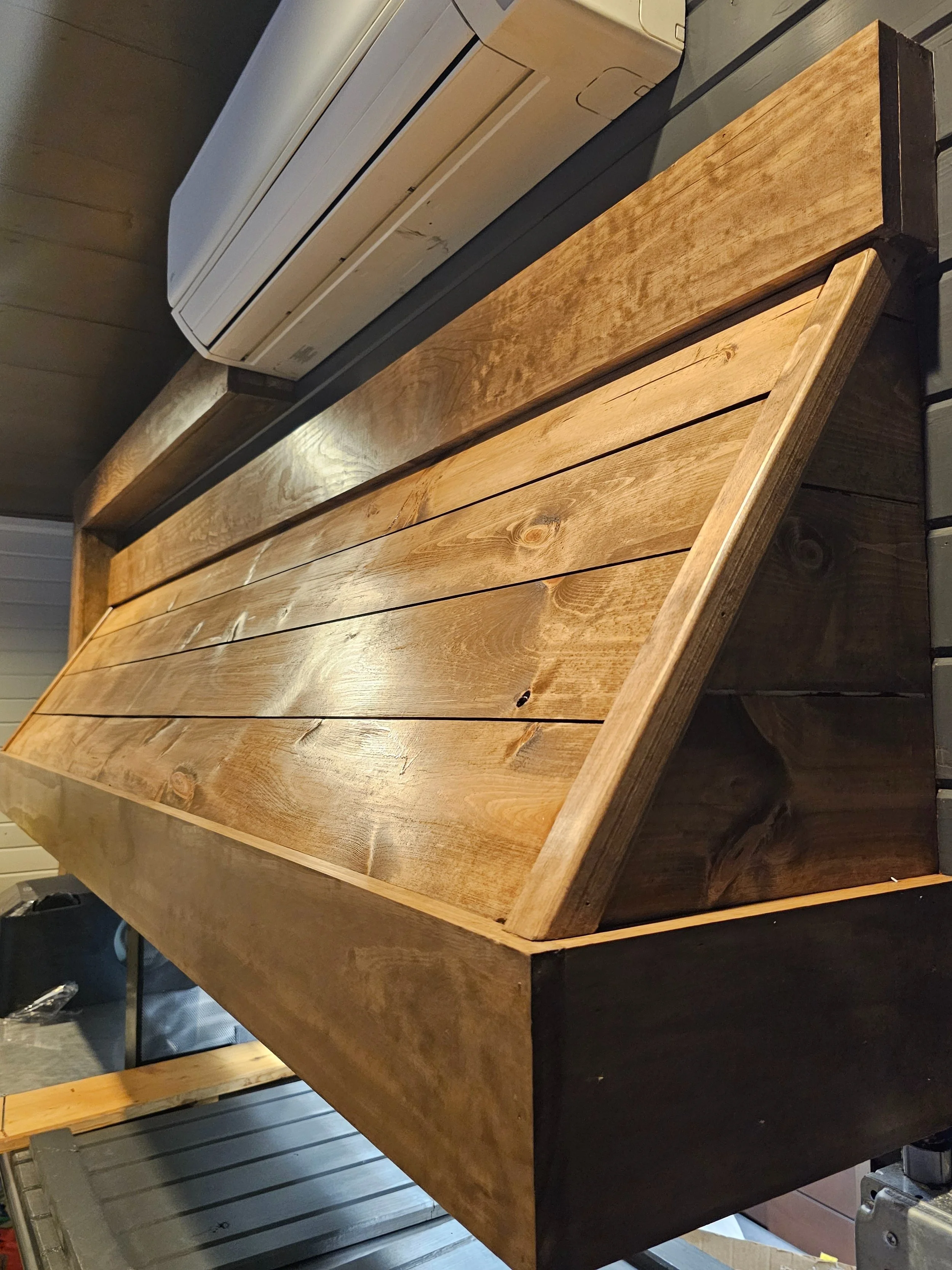 Stained wood topped with a food grade polyurethane in a commercial restaurant
