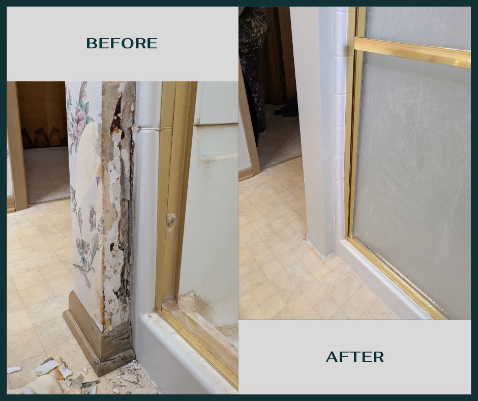 Side-by-side comparison of a doorway before and after repair; the 'before' shows damaged wallpaper and crumbling wall, while the 'after' shows a clean, repaired wall with fresh paint and trim.