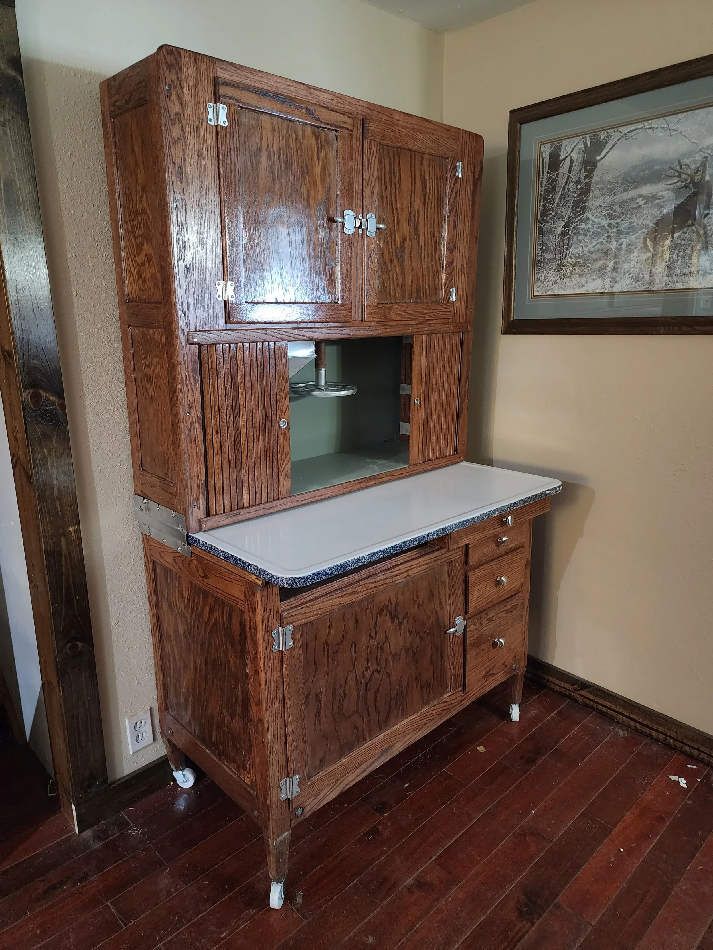 Antique Hoosier cabinet refinished by Barefoot Painter LLC
